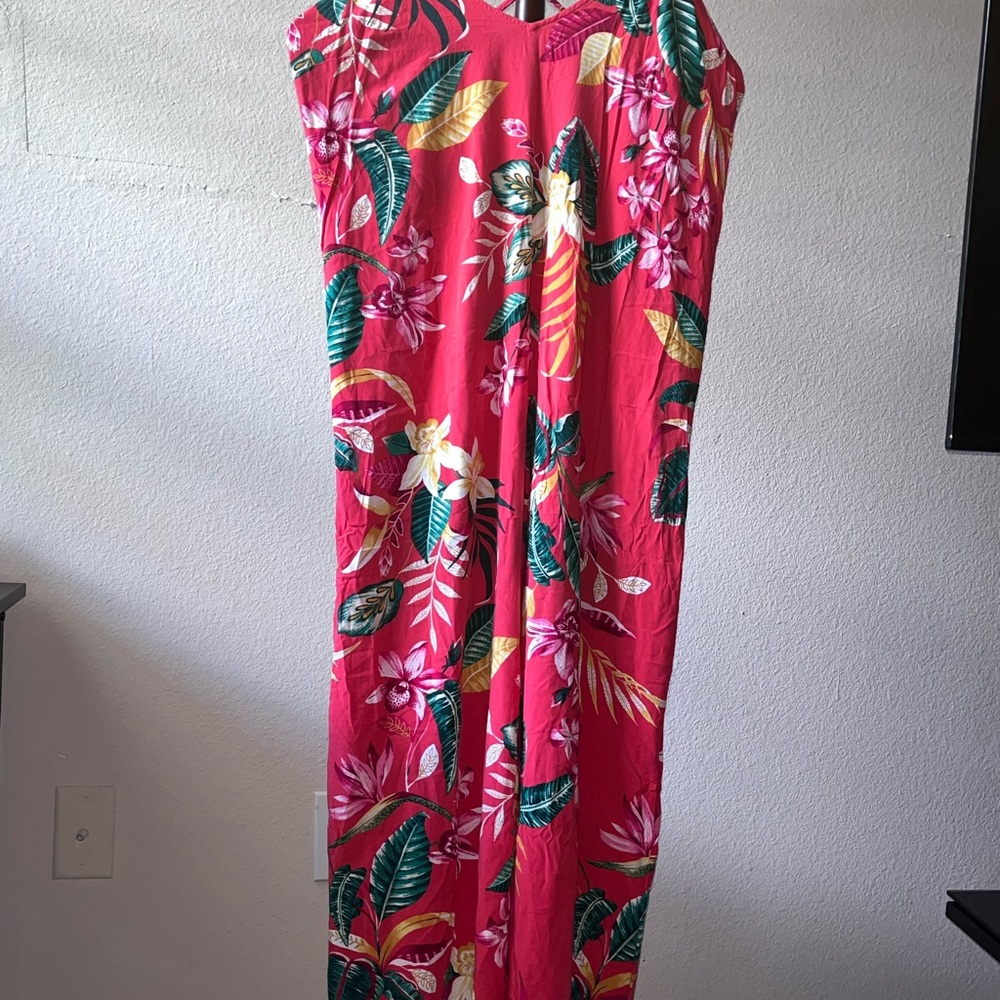 Old Navy Green and Red Maxi Dress Tropical Elegance